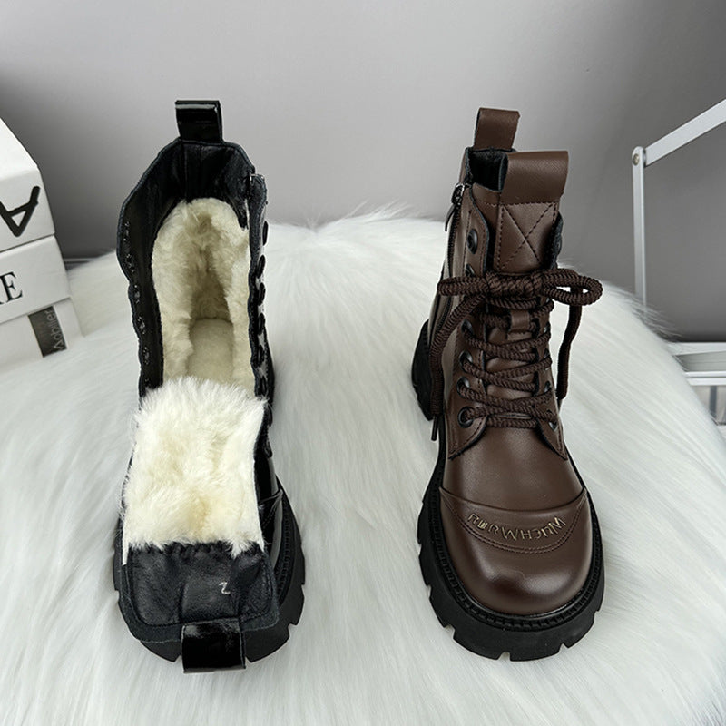 Women's genuine leather platform wool Martin boots