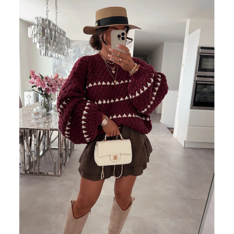 Chunky knit loose plus size cable stripe crew neck pullover