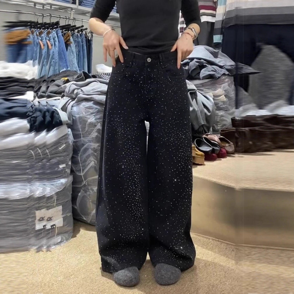 Washed black wide-leg pants with starry sky rhinestones