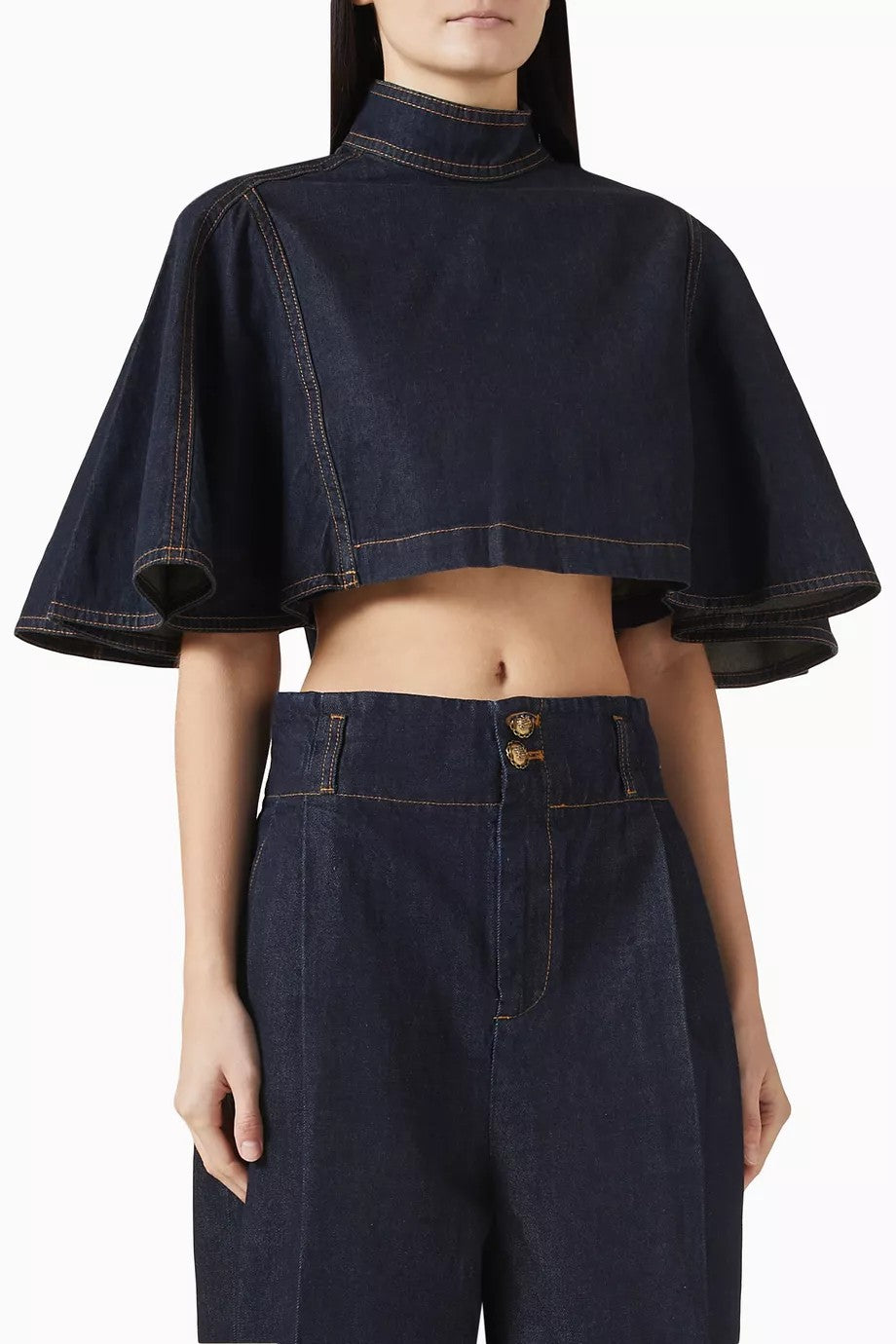 Denim Cape-Style Top & Straight-Leg Pants Set