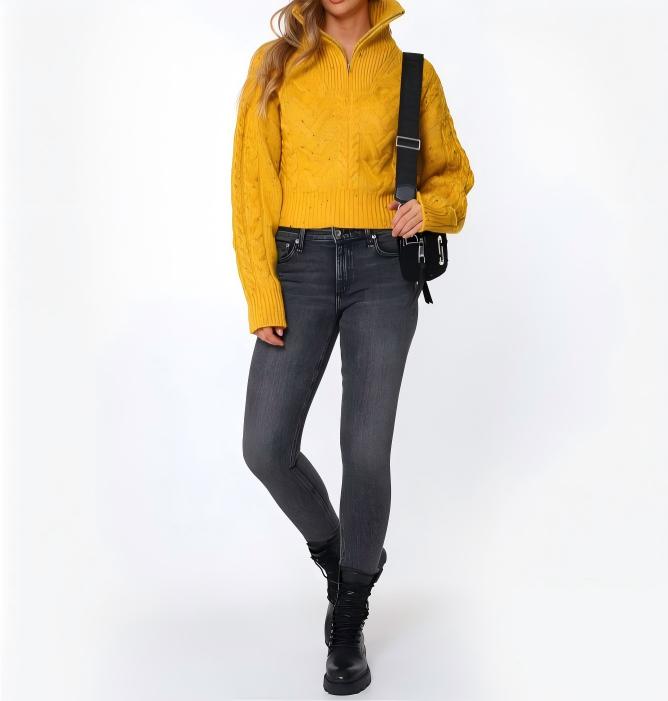 Variegated stand-up collar zip-up sweater