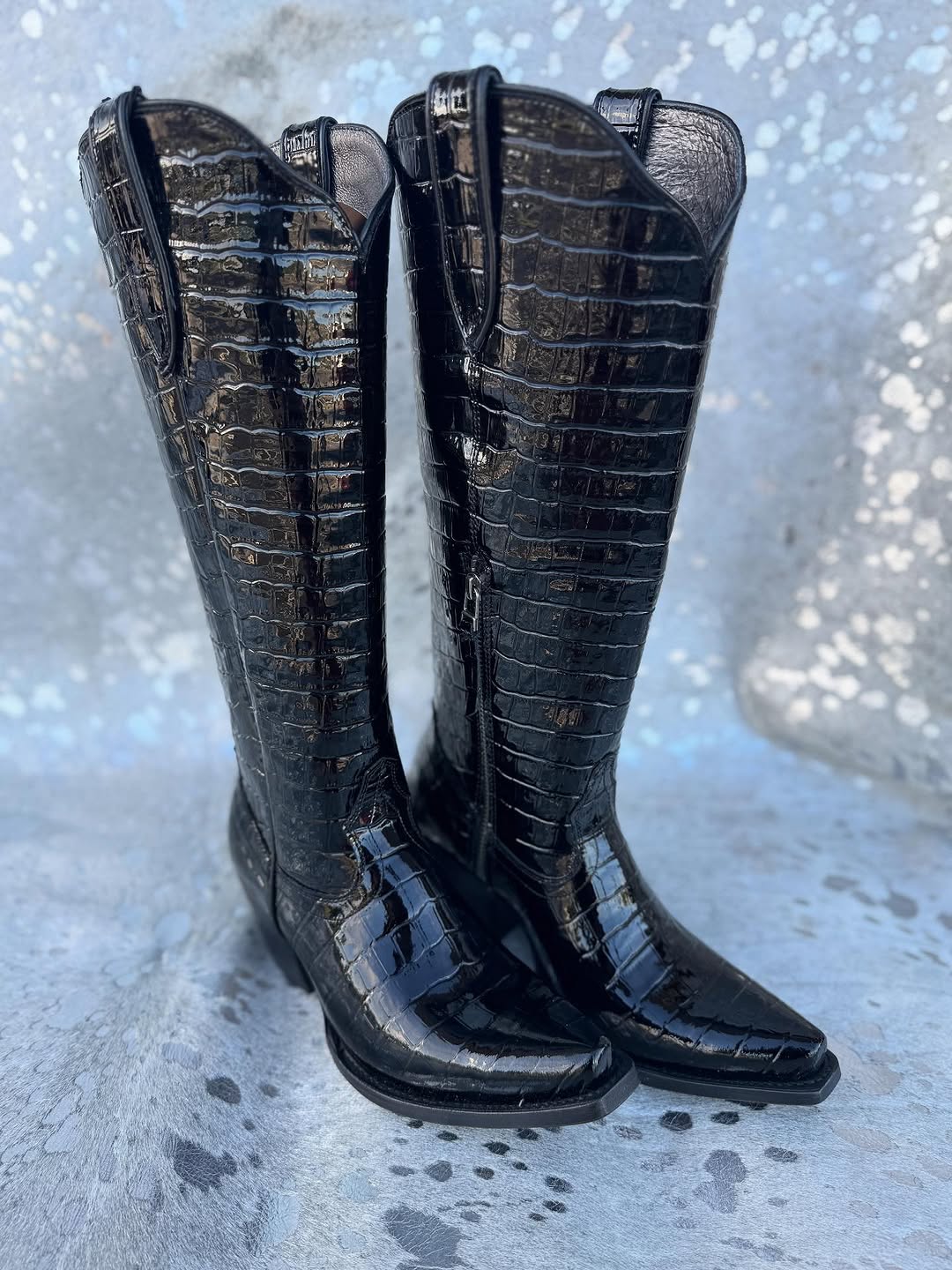 Crocodile-embossed leather knee-high Western boots