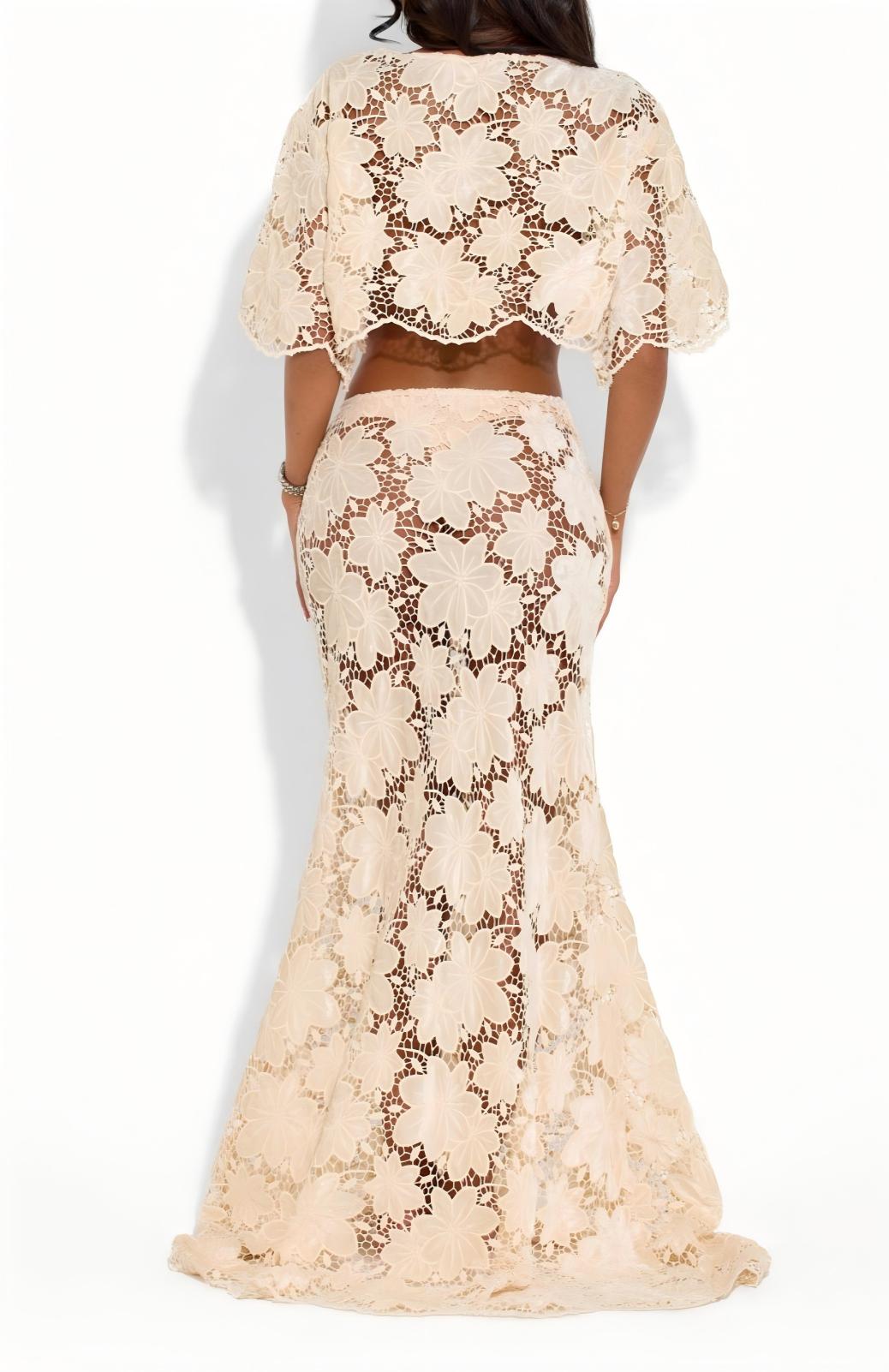 Floral embroidered lace top and long skirt set