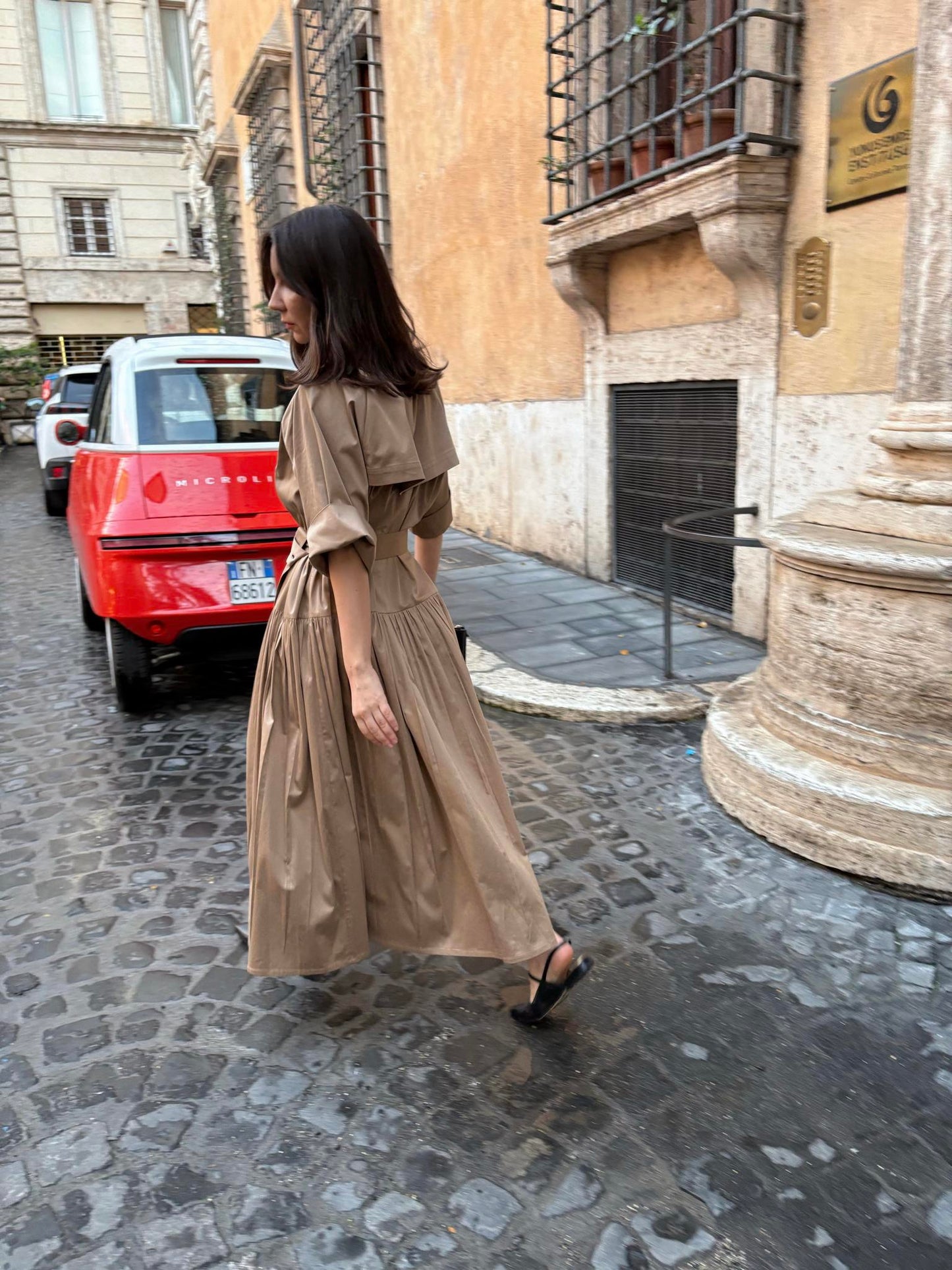 Asymmetrical beige trench coat dress