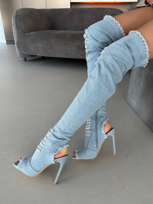 Distressed denim over-the-knee boots