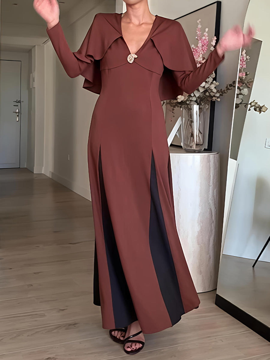 Color Black V Neck Long Sleeve Cape Dress