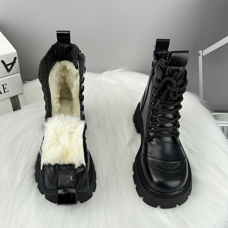 Women's genuine leather platform wool Martin boots