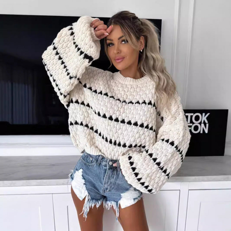 Chunky knit loose plus size cable stripe crew neck pullover