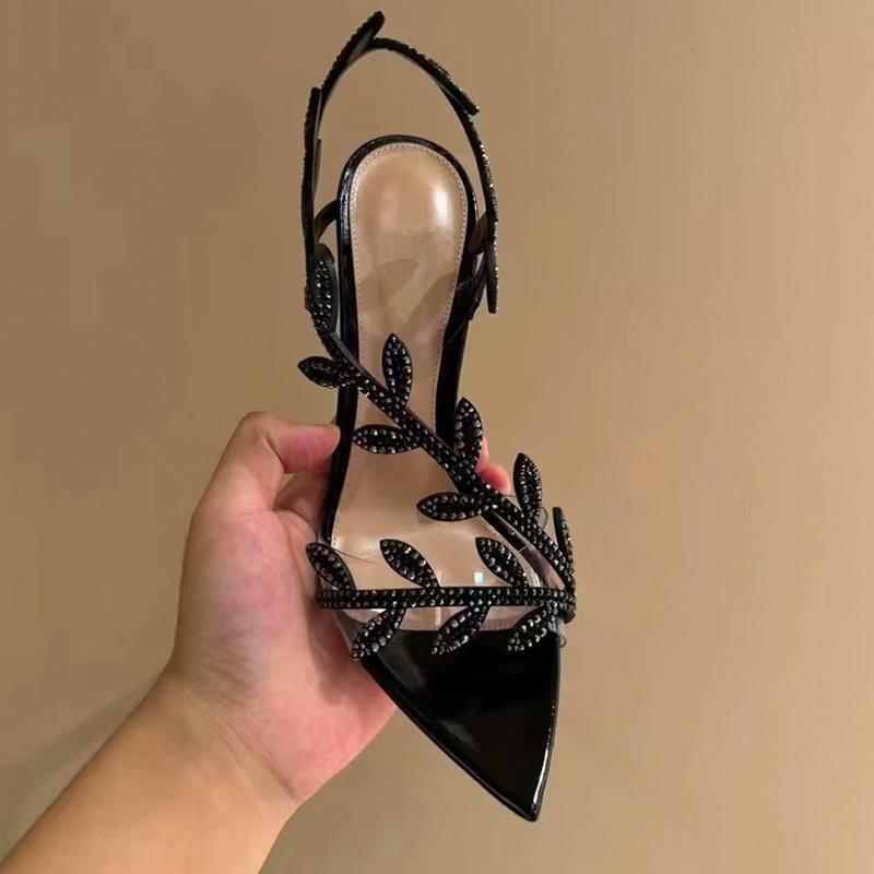 Black rhinestone leaf high heels
