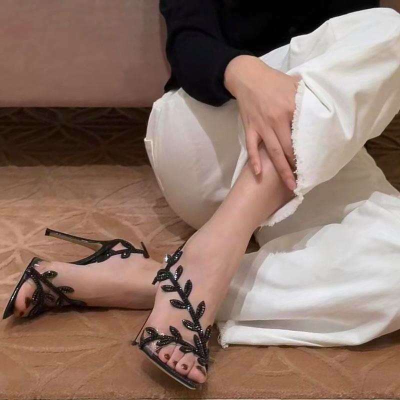 Black rhinestone leaf high heels