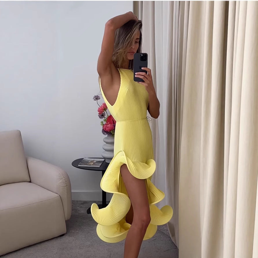 Irregular ruffle sleeveless tie-waist fitted dress
