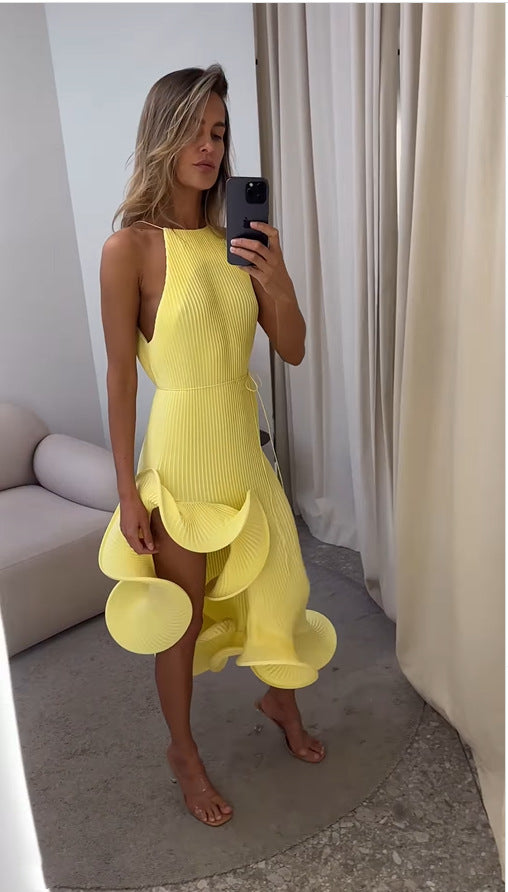 Irregular ruffle sleeveless tie-waist fitted dress