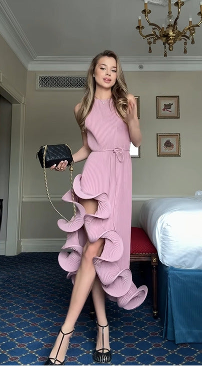 Irregular ruffle sleeveless tie-waist fitted dress