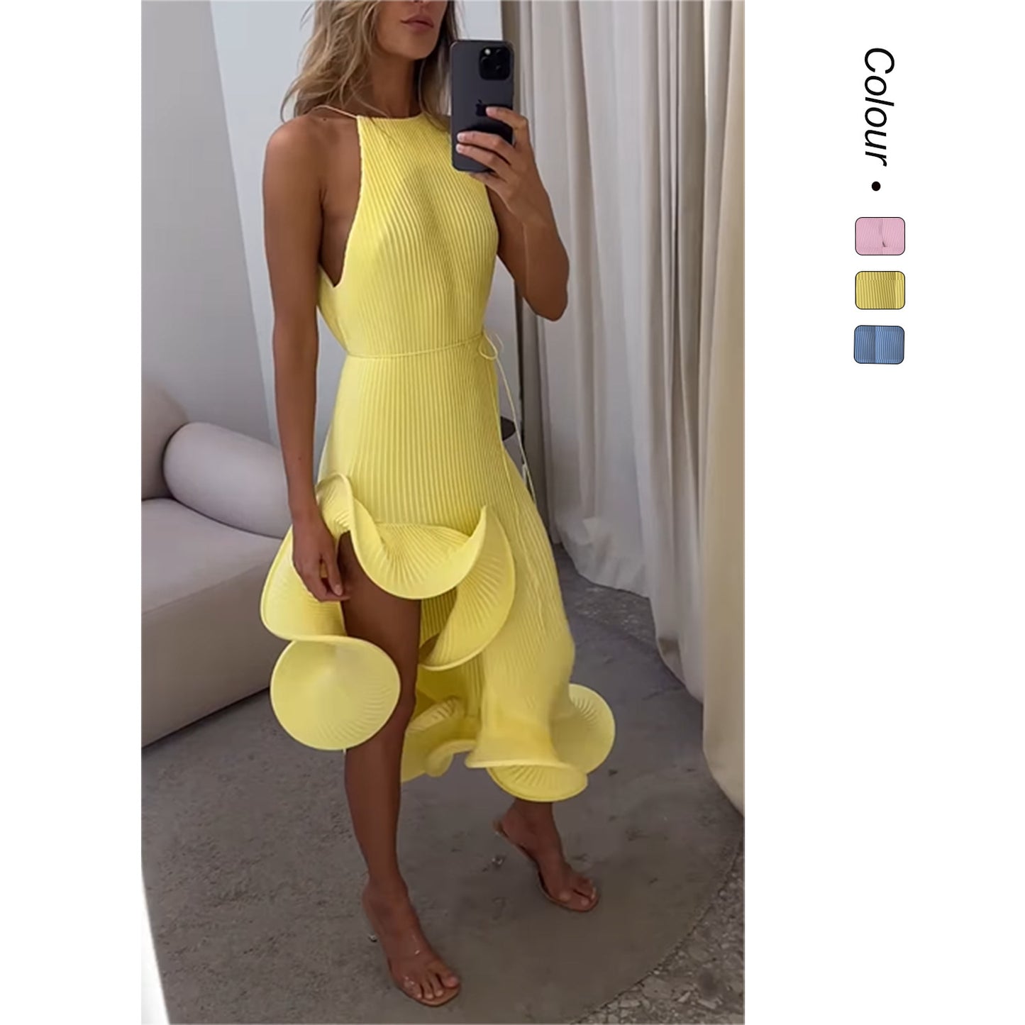 Irregular ruffle sleeveless tie-waist fitted dress