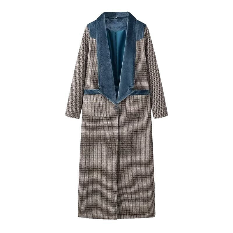 Color-blocked plaid woolen long coat