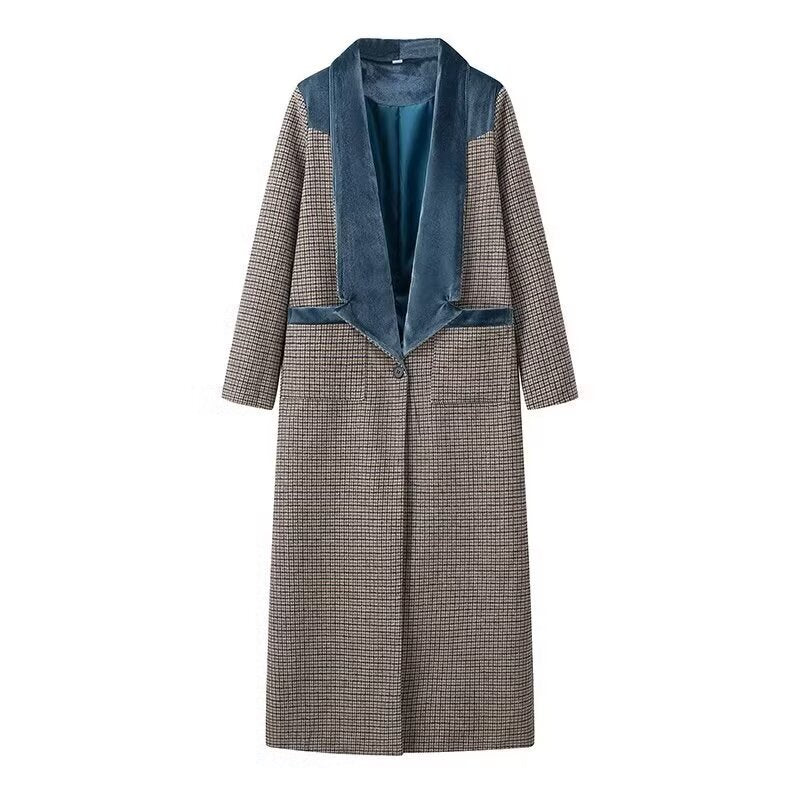 Color-blocked plaid woolen long coat