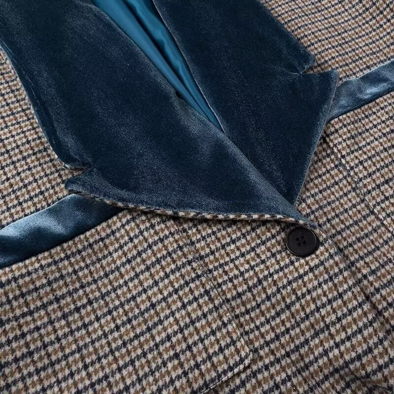 Color-blocked plaid woolen long coat