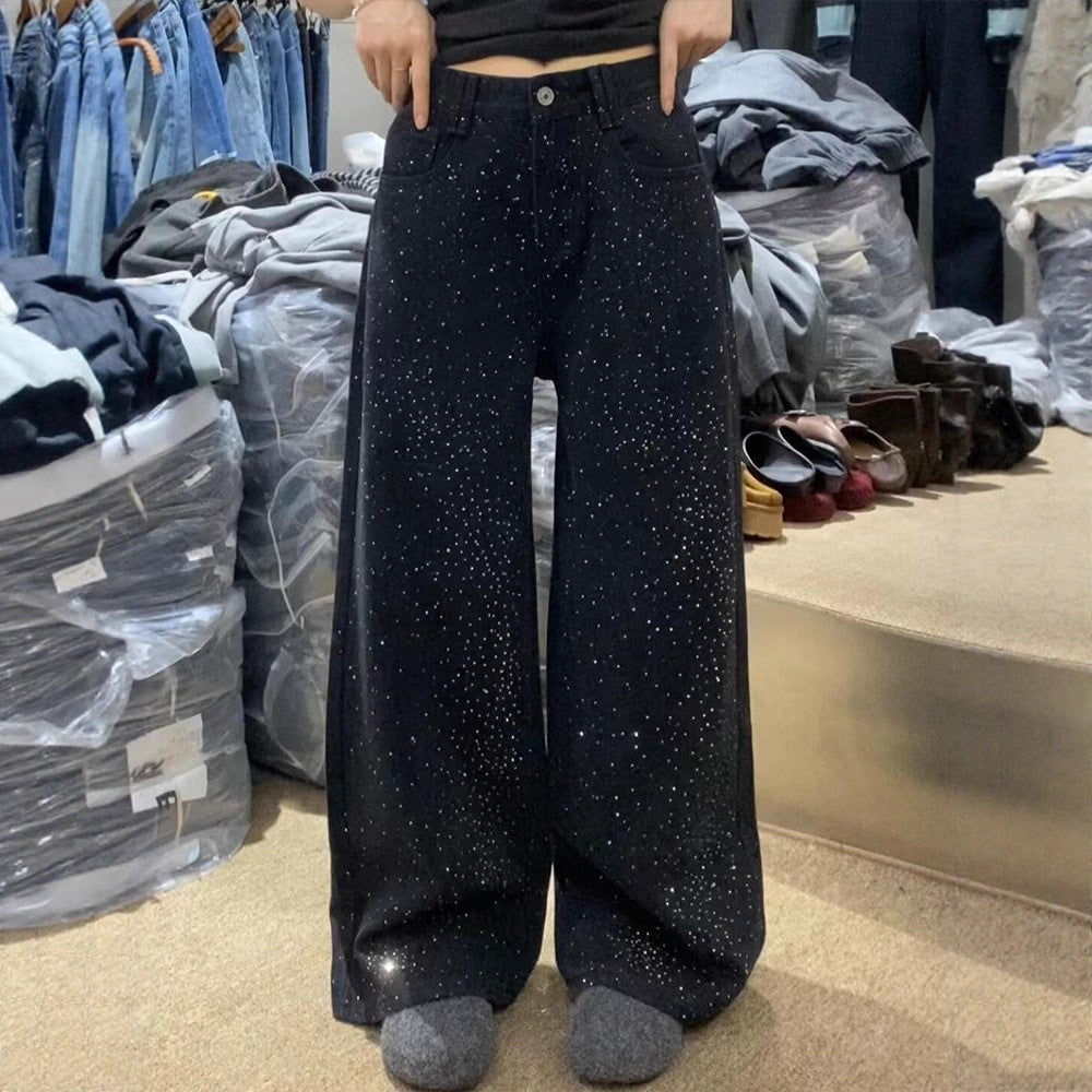 Washed black wide-leg pants with starry sky rhinestones