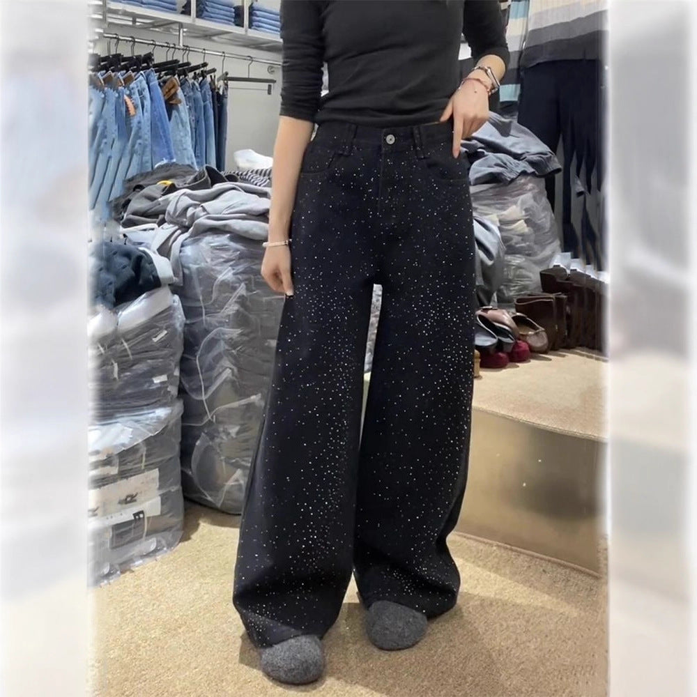Washed black wide-leg pants with starry sky rhinestones