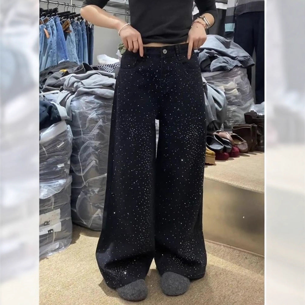 Washed black wide-leg pants with starry sky rhinestones