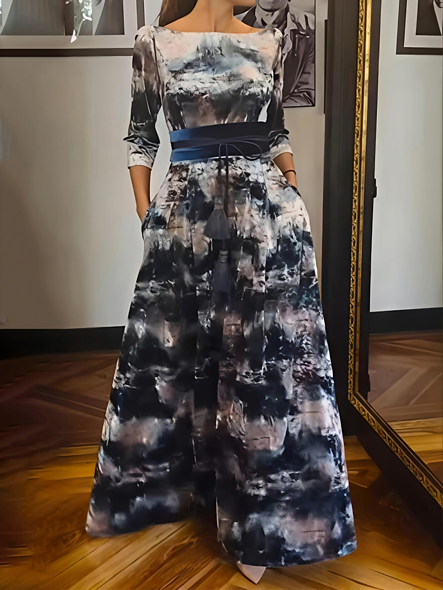 Elegant Printed Belted Long Sleeve Dress