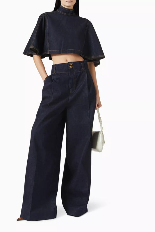 Denim Cape-Style Top & Straight-Leg Pants Set