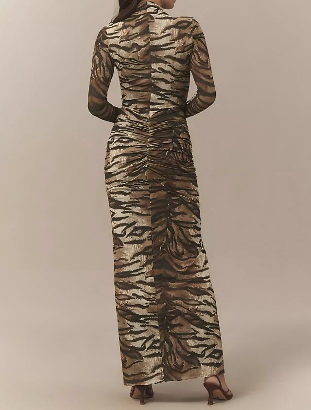 Tiger striped turtleneck pleated knit maxi dress