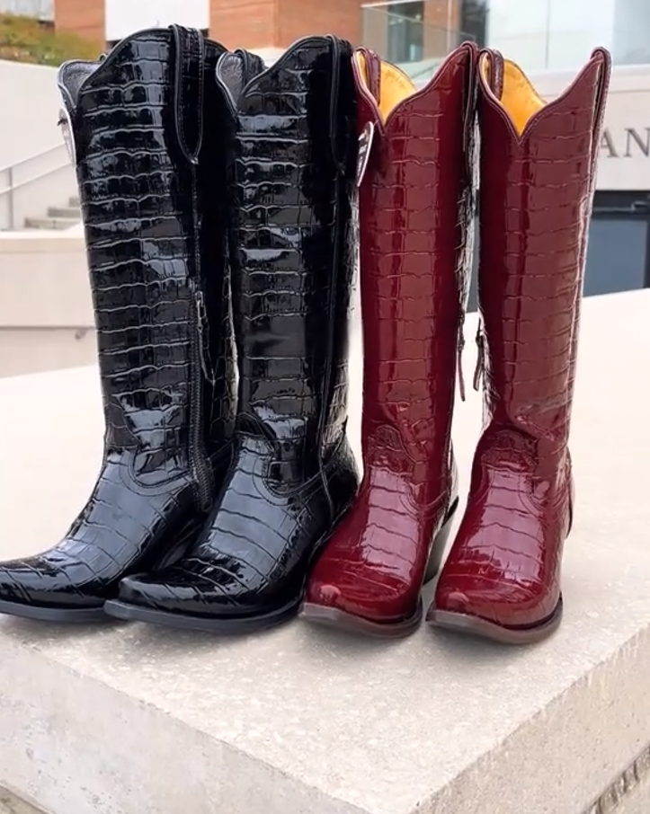 Crocodile-embossed leather knee-high Western boots