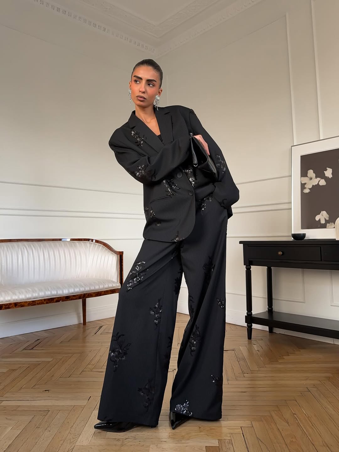 Black sequined striped suit