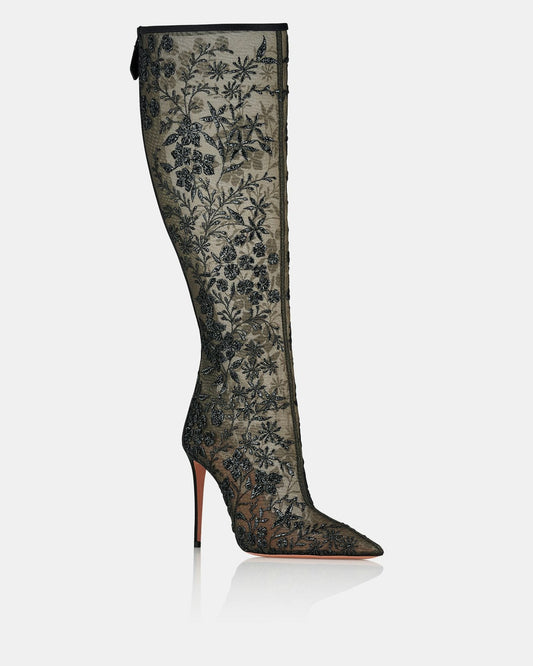 Transparent mesh embroidered floral pointed boots