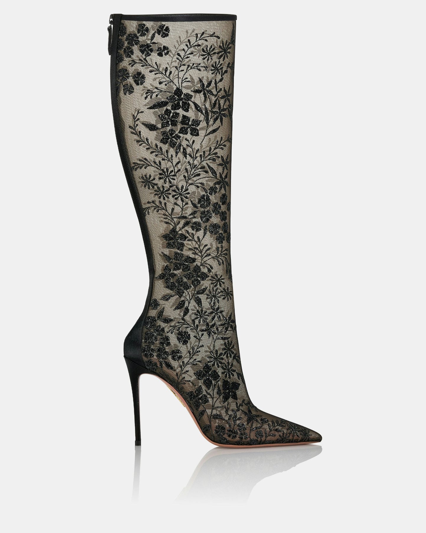 Transparent mesh embroidered floral pointed boots
