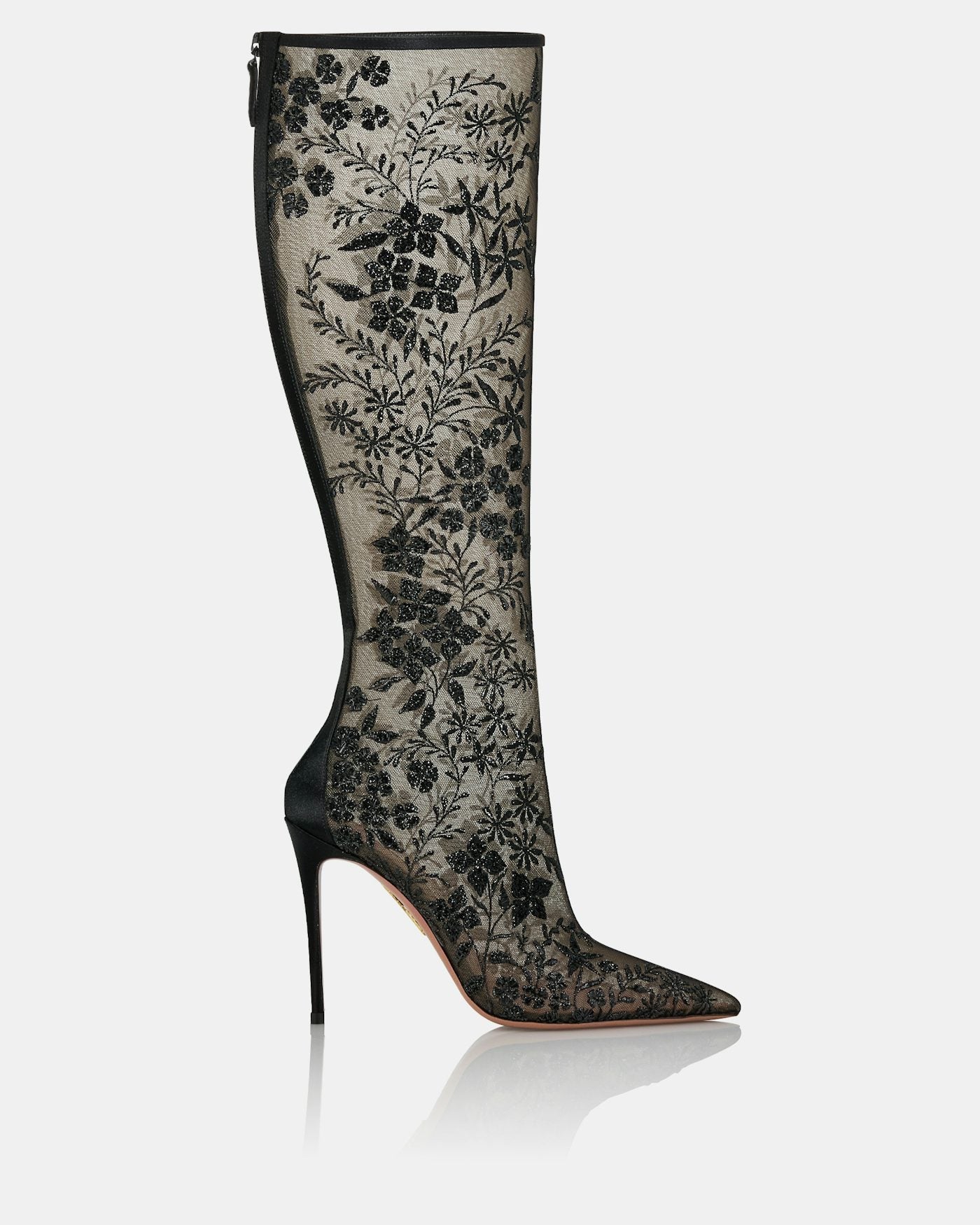 Transparent mesh embroidered floral pointed boots