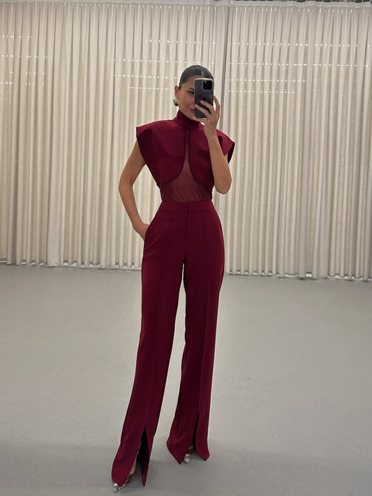 Sheer jumpsuit shirt + suit pants set