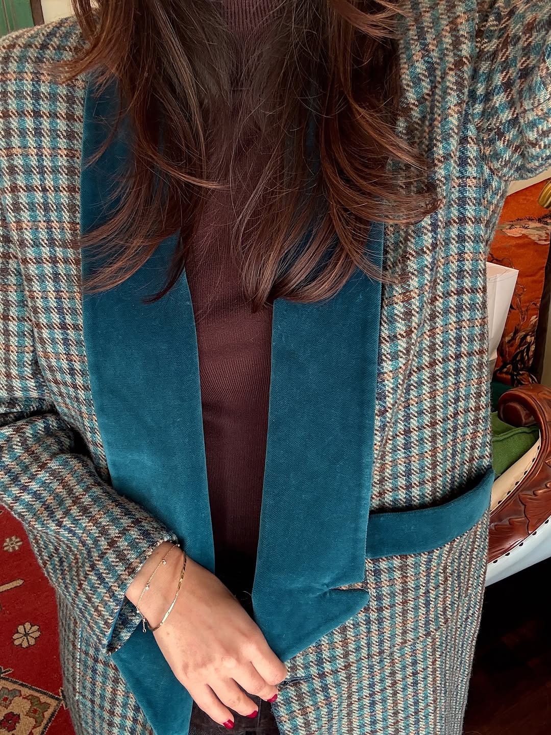 Color-blocked plaid woolen long coat