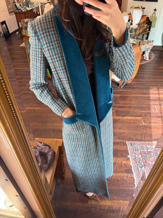 Color-blocked plaid woolen long coat
