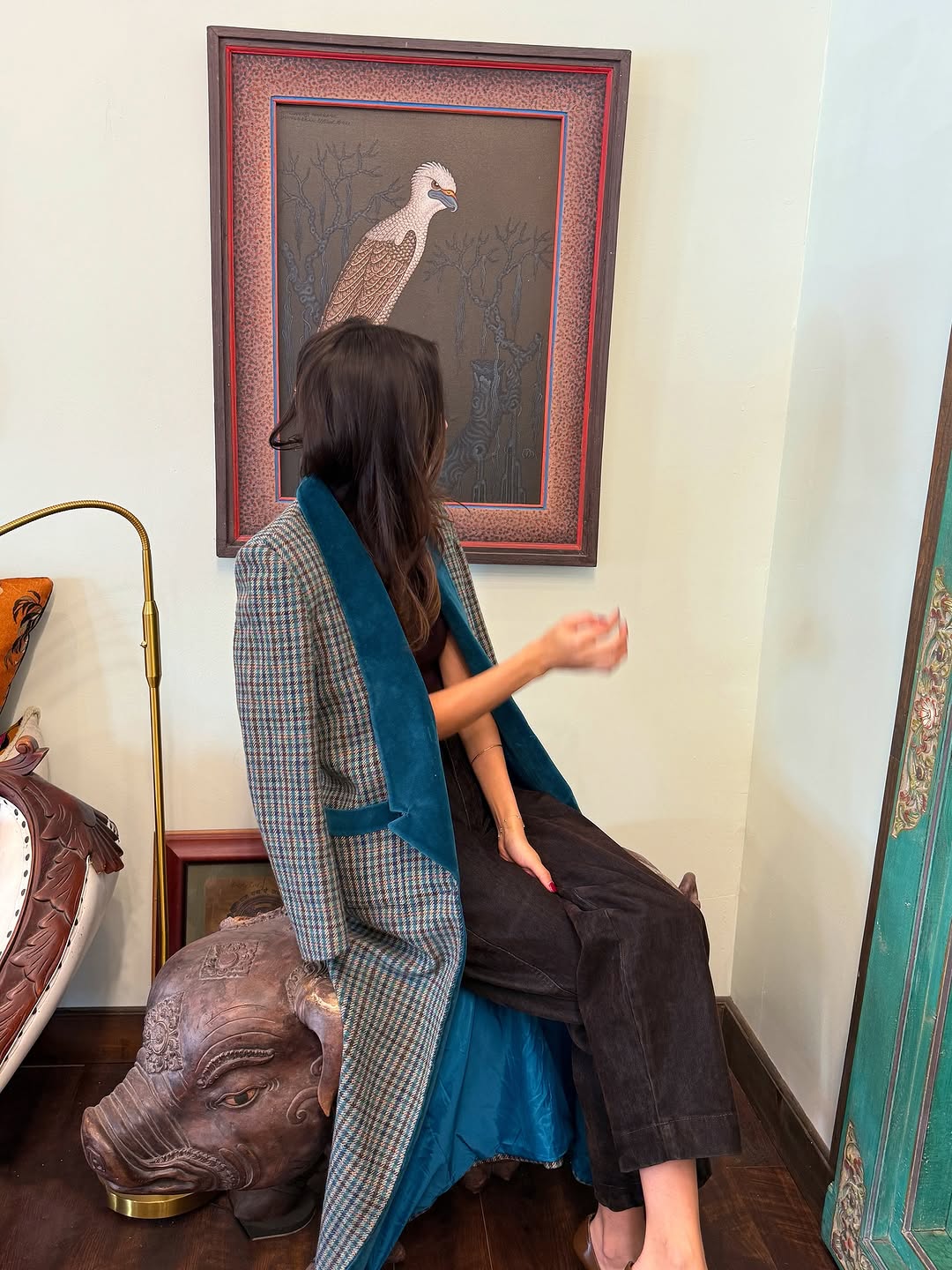 Color-blocked plaid woolen long coat