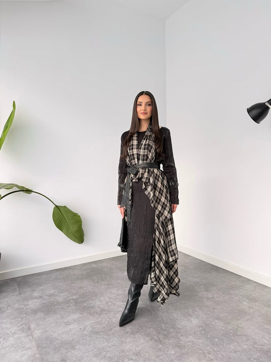 Black plaid blended fabric jacket + asymmetrical skirt set