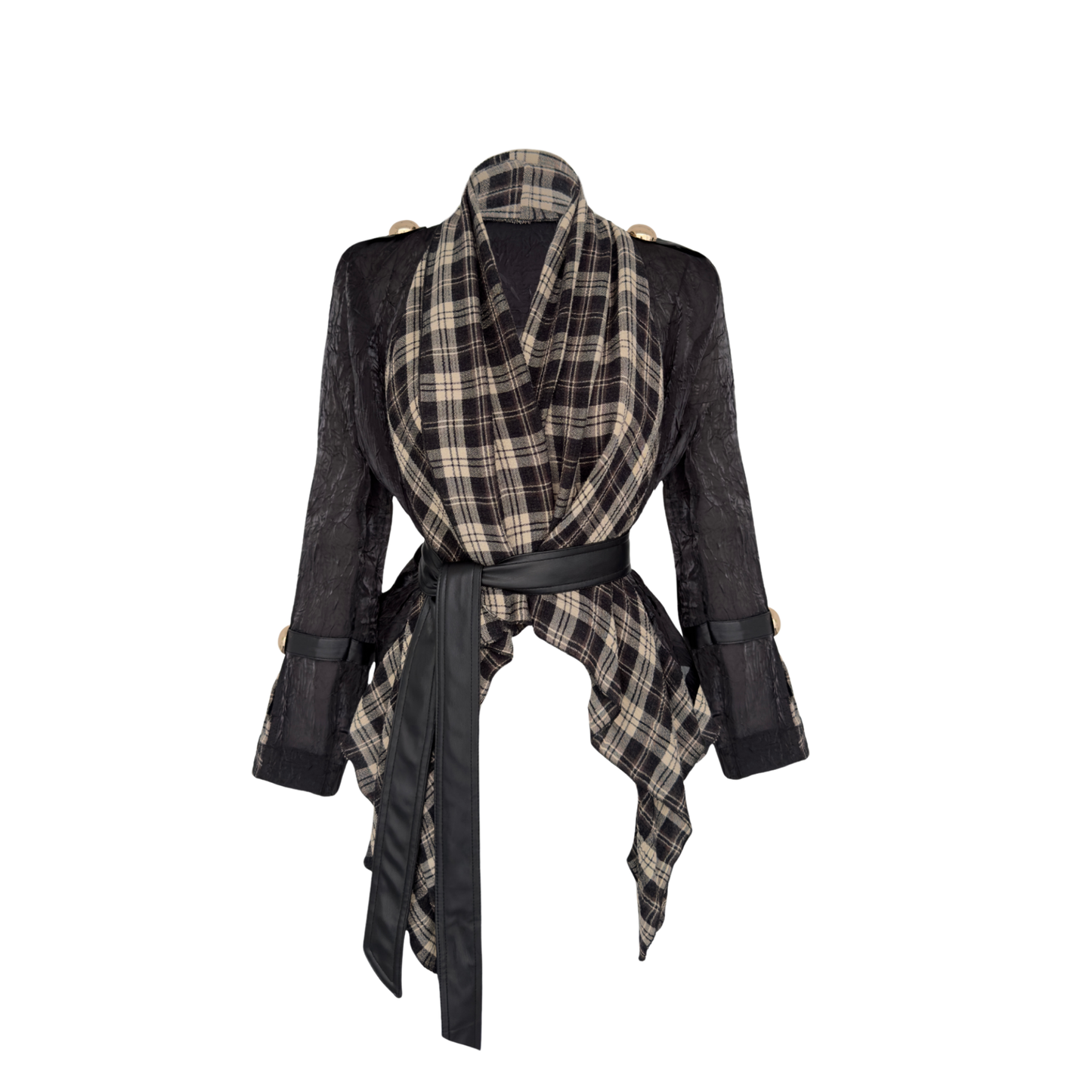 Black plaid blended fabric jacket + asymmetrical skirt set