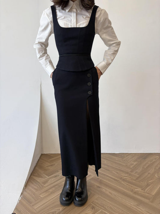 Navy blue asymmetrical button-down skirt, corset, and shirt three-piece set