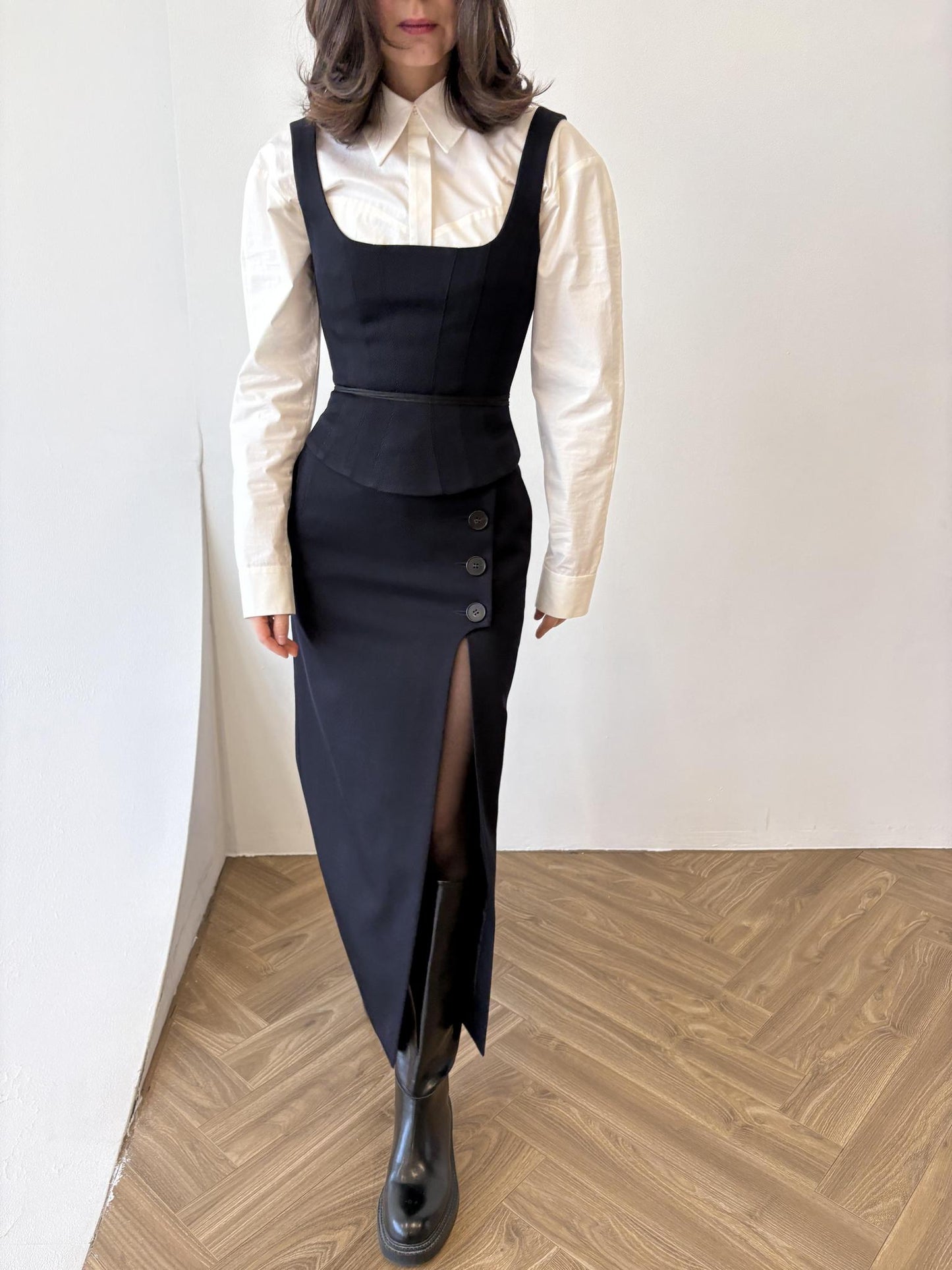 Navy blue asymmetrical button-down skirt, corset, and shirt three-piece set