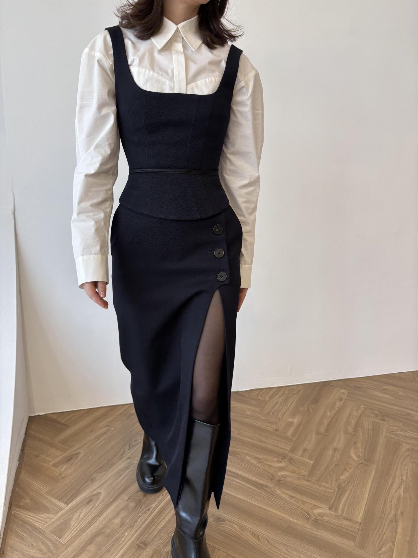 Navy blue asymmetrical button-down skirt, corset, and shirt three-piece set