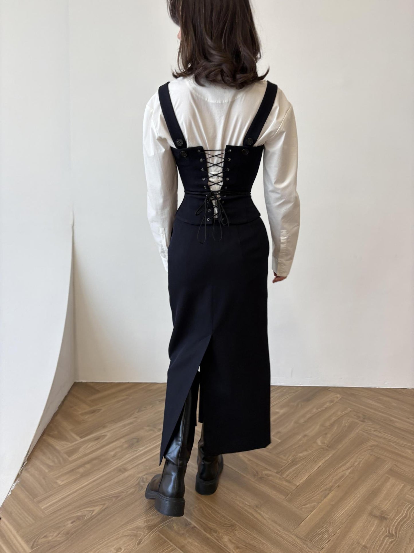 Navy blue asymmetrical button-down skirt, corset, and shirt three-piece set