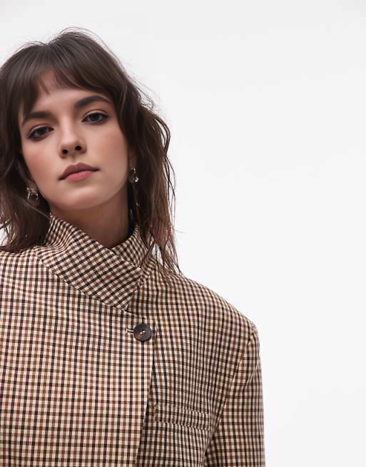 Plaid funnel neck wrap suit jacket