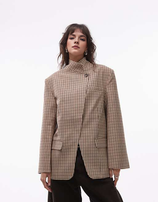Plaid funnel neck wrap suit jacket