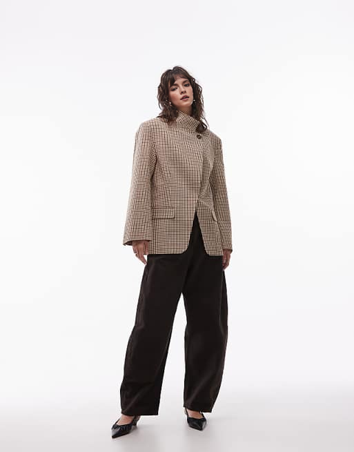 Plaid funnel neck wrap suit jacket
