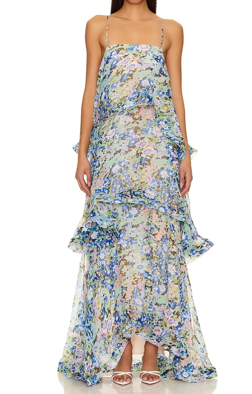 Floral-Print Tiered Maxi Dress with Spaghetti Straps