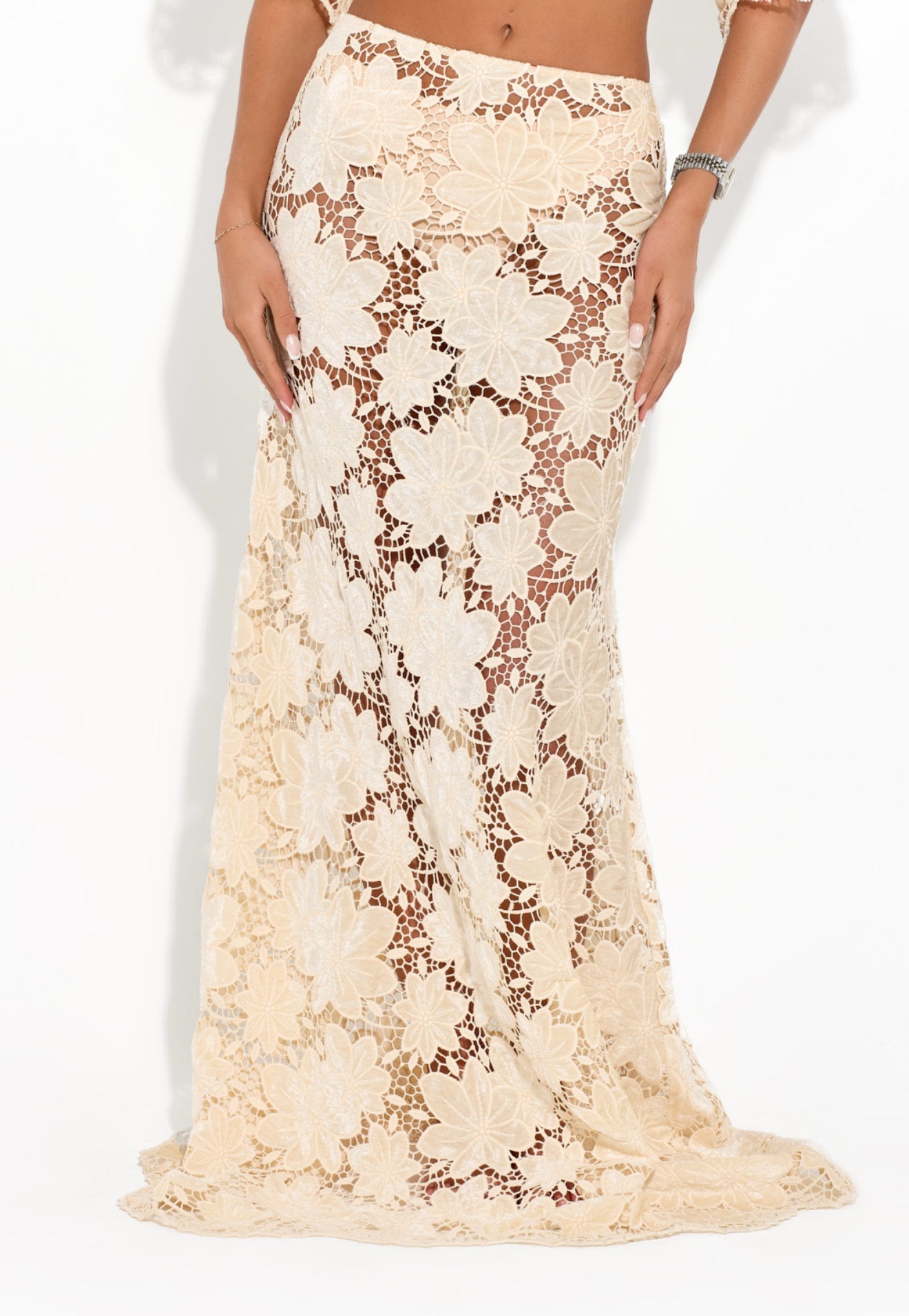 Floral embroidered lace top and long skirt set