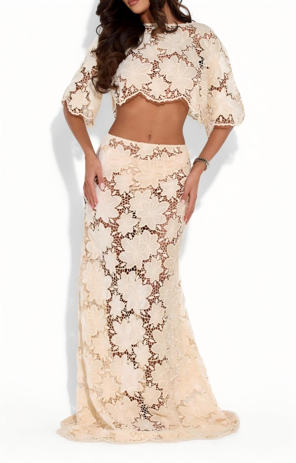 Floral embroidered lace top and long skirt set