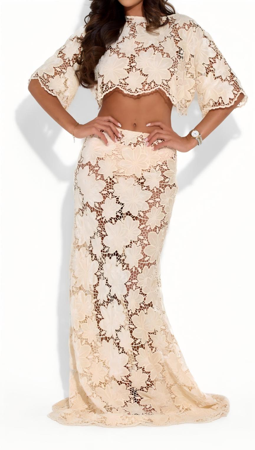 Floral embroidered lace top and long skirt set