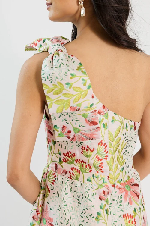 Rosey Glow Jacquard One Shoulder Midi Dress